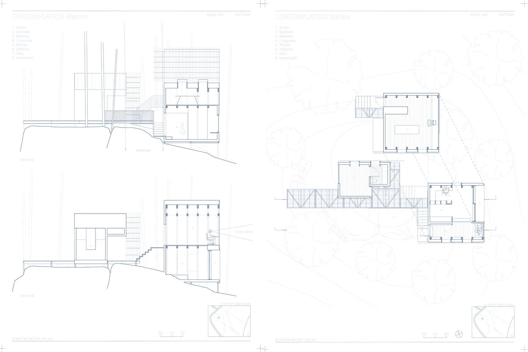 elevation and plan for surf specific accomodation and studio